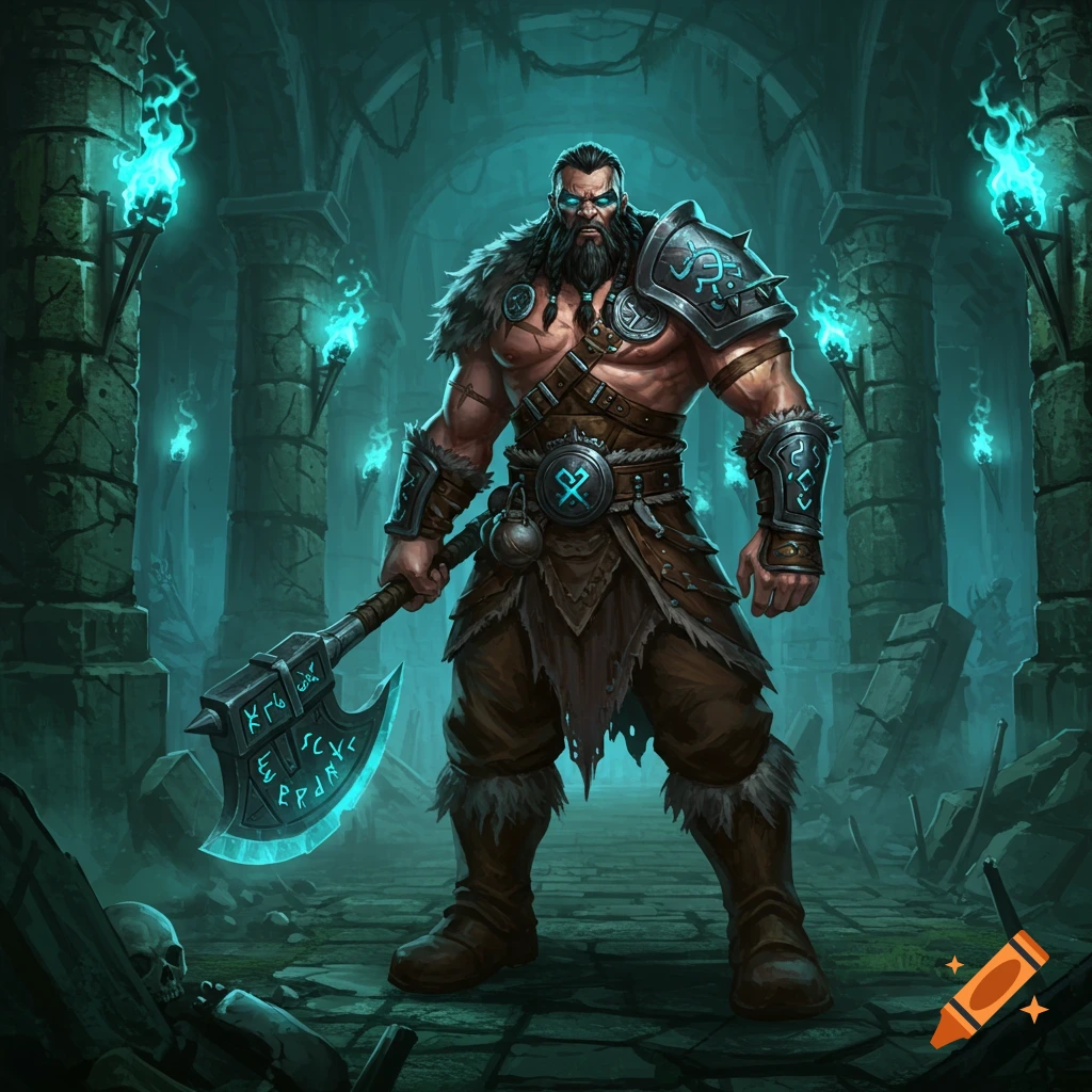 A muscular barbarian with a beard and fur armor stands in a dark dungeon, holding a glowing blue axe.