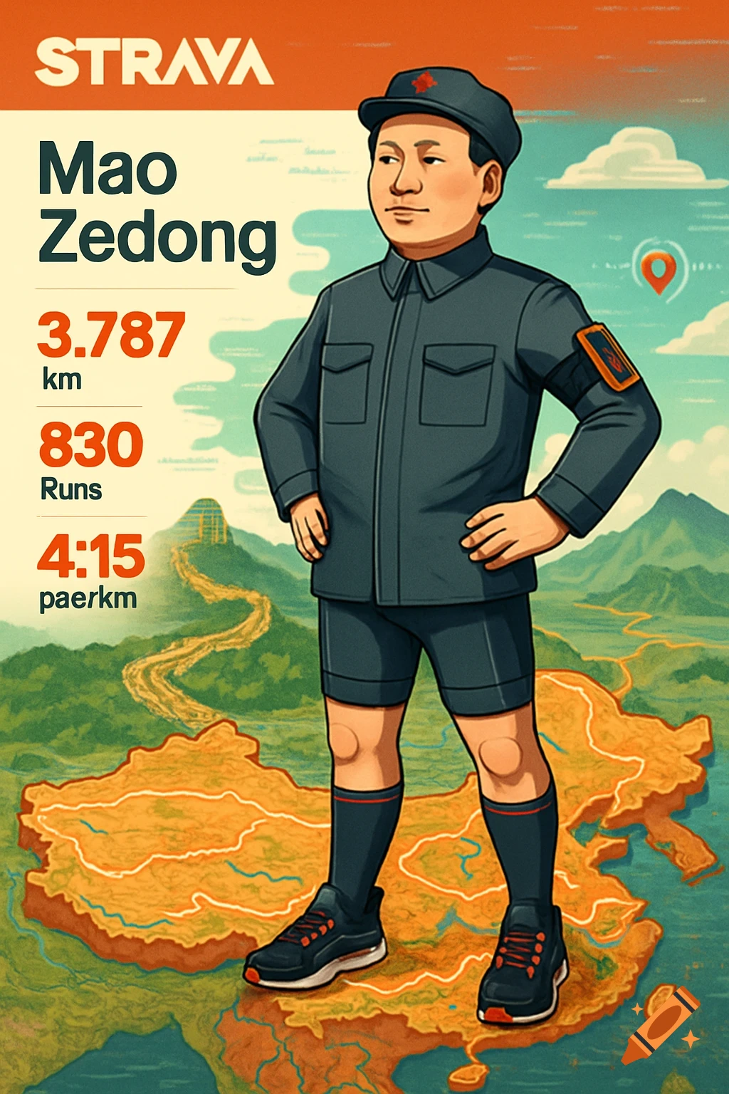 Cartoon illustration of Mao Zedong in a military uniform standing on a map of China, with Strava running stats displayed.