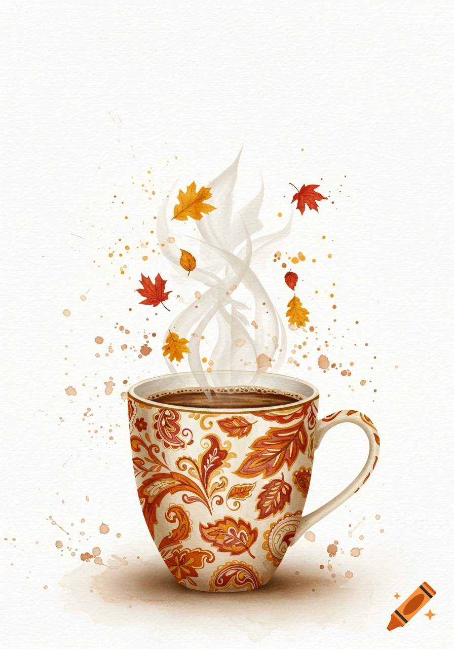 Watercolor illustration of a coffee cup with autumn leaves and steam on a white background.