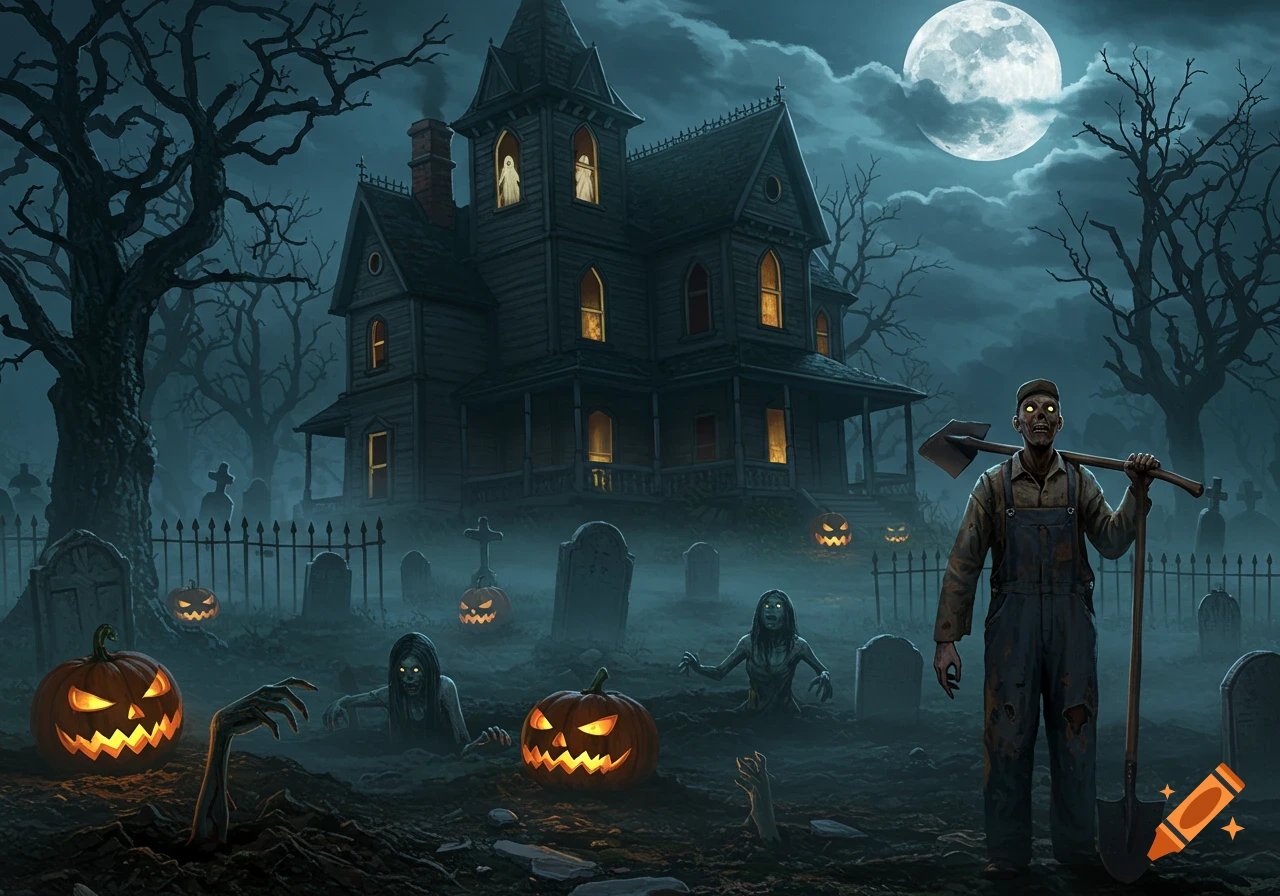 Spooky Halloween illustration featuring a haunted house, cemetery, full moon, zombies, jack-o'-lanterns, and a man with a shovel.
