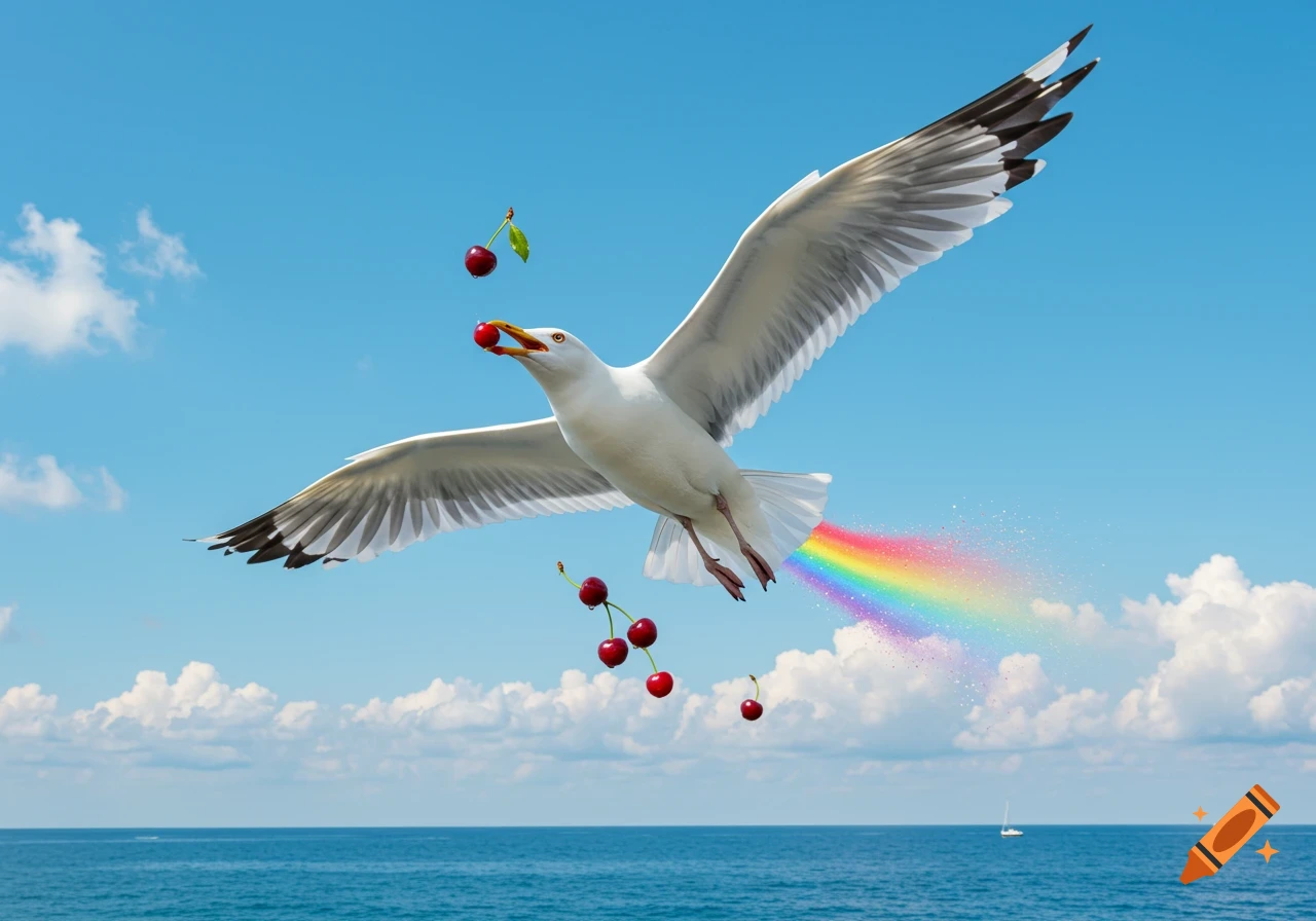 Photorealistic seagull flying over the ocean, eating a cherry and trailing a vibrant rainbow from its rear, with more cherries falling.