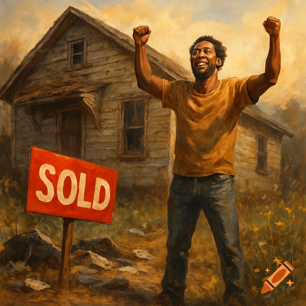 A happy man with arms raised in triumph stands in front of a rustic, distressed house with a 'SOLD' sign in a painterly style.