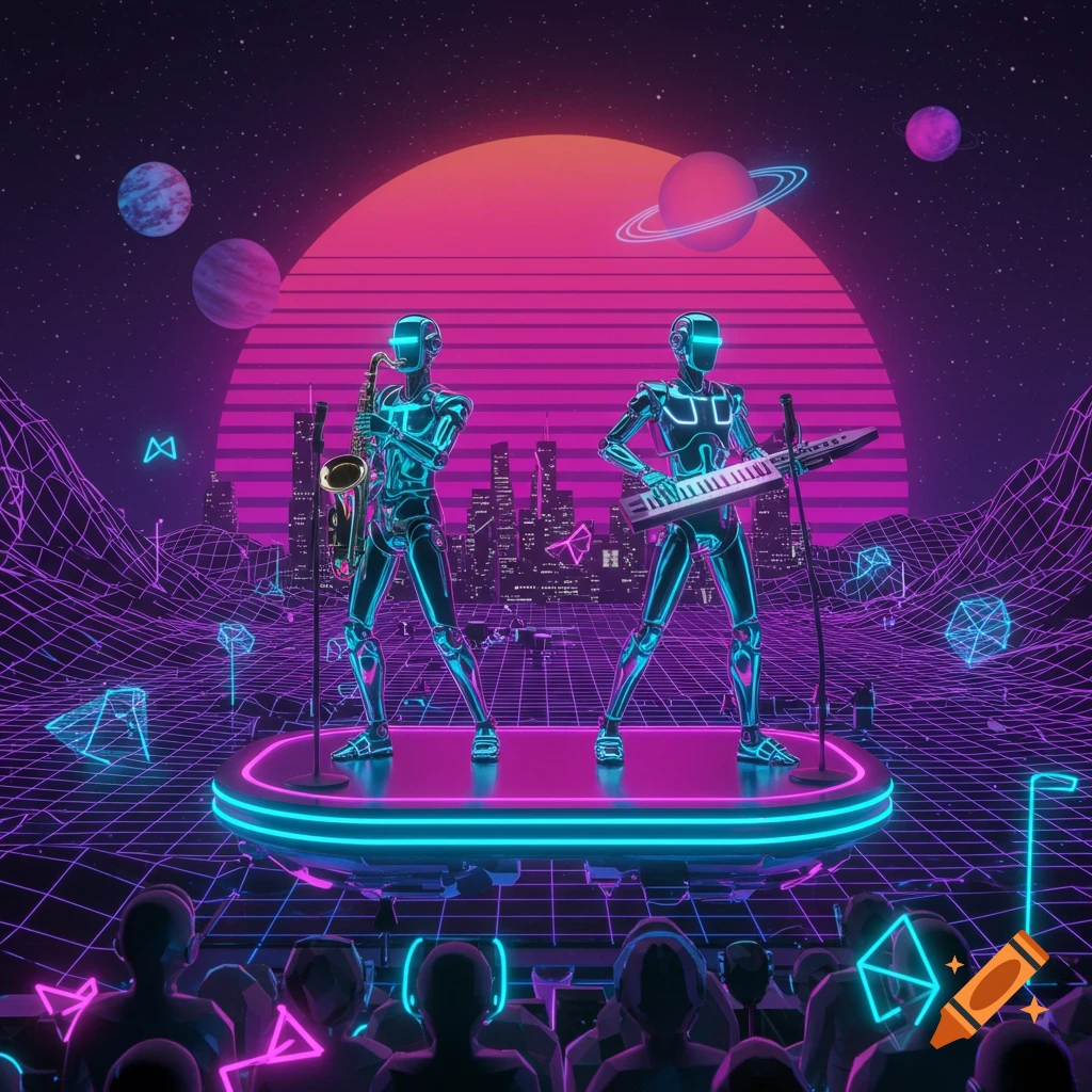 Two neon robots play saxophone and keytar on a glowing stage, with a retro 80s sci-fi cityscape, planets, and wireframe landscape in the background, watched by an audience.