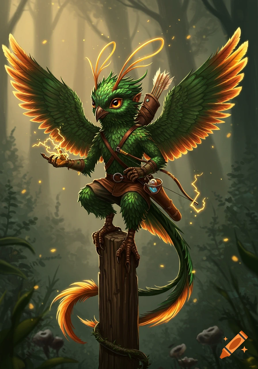 A green, feathered fantasy creature with golden wings and a quiver, squats on a wooden post in a magical forest, holding crackling lightning. Digital art.