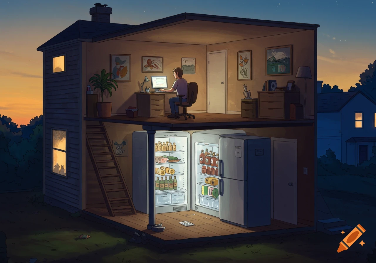 Cartoon cutaway of a two-story house at dusk, showing a person working on a computer upstairs and open fridges full of food and drinks downstairs. The exterior shows trees and another house.