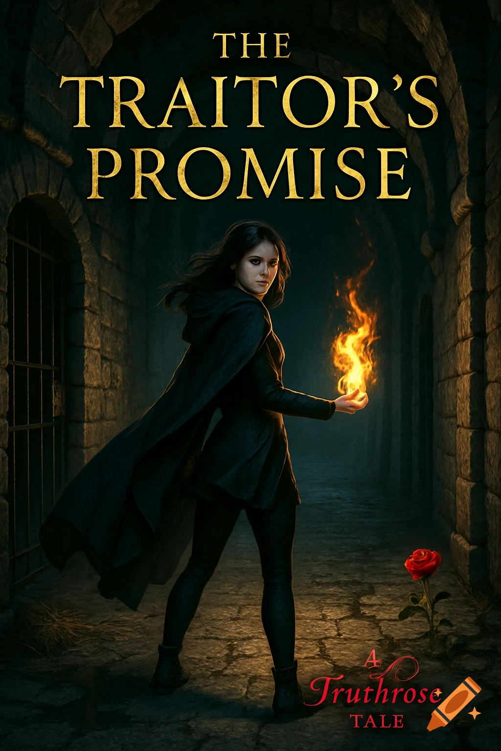 Photorealistic book cover of a young woman in a black cloak holding fire in a dark dungeon, title 'THE TRAITOR'S PROMISE'.