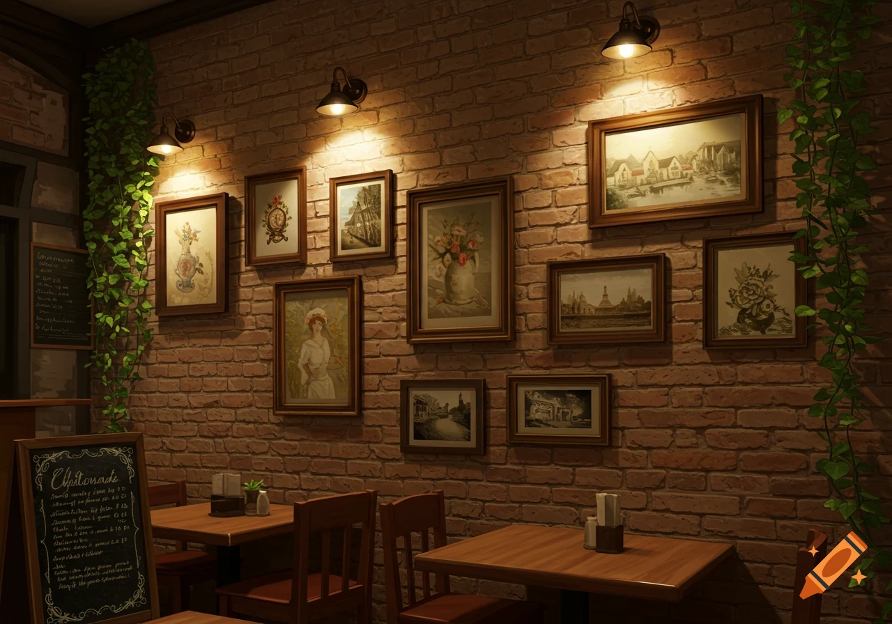 A warmly lit cafe interior with a brick wall, framed paintings, hanging plants, wooden tables, chairs, and blackboards with illegible text.