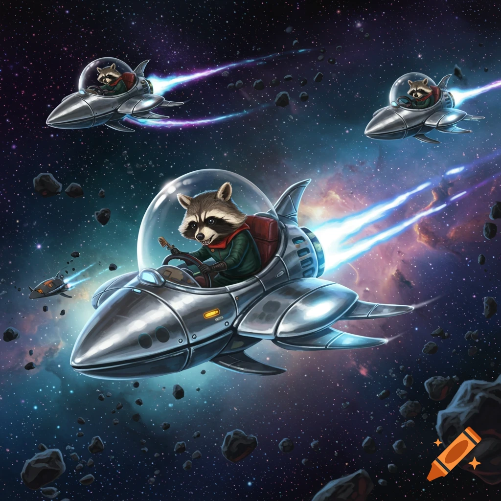 Three cartoon raccoons fly silver spaceships through deep space, with asteroids and colorful nebulae.