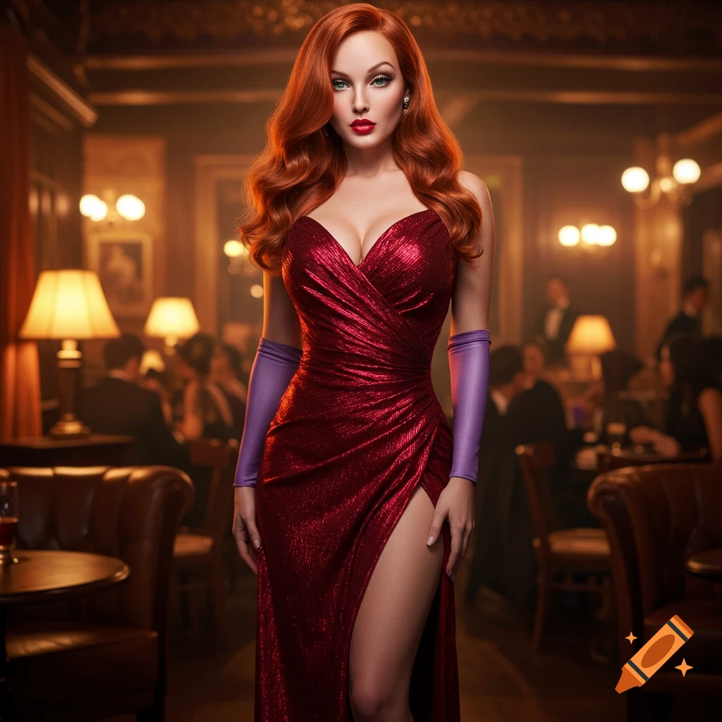 A photorealistic woman with long red hair, wearing a sparkling red dress with a high slit and purple gloves, stands in an elegant lounge.