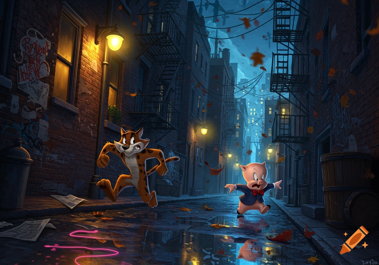 Butch the Alley Cat chases Porky Pig through a dark, rainy urban alley with streetlights and graffiti.