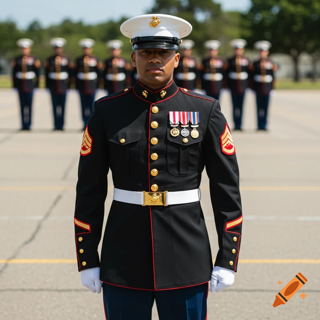 A man in a US Marine uniform stands at attention, with other Marines blurred in the background, on a clear day.