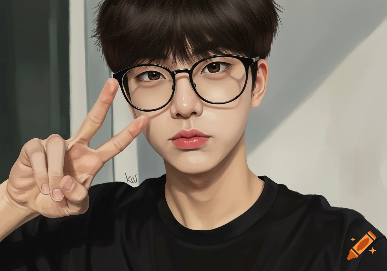 Digital painting of a young man with dark hair and round glasses, wearing a black shirt, making a peace sign.
