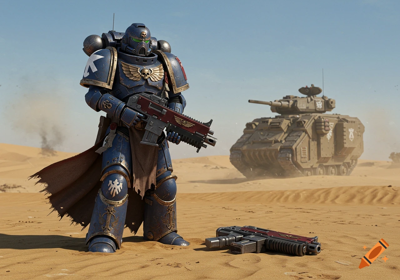 A heavily armored blue Space Marine with a rifle stands in a desert, with a military tank in the background. Another rifle lies on the sand in the foreground.