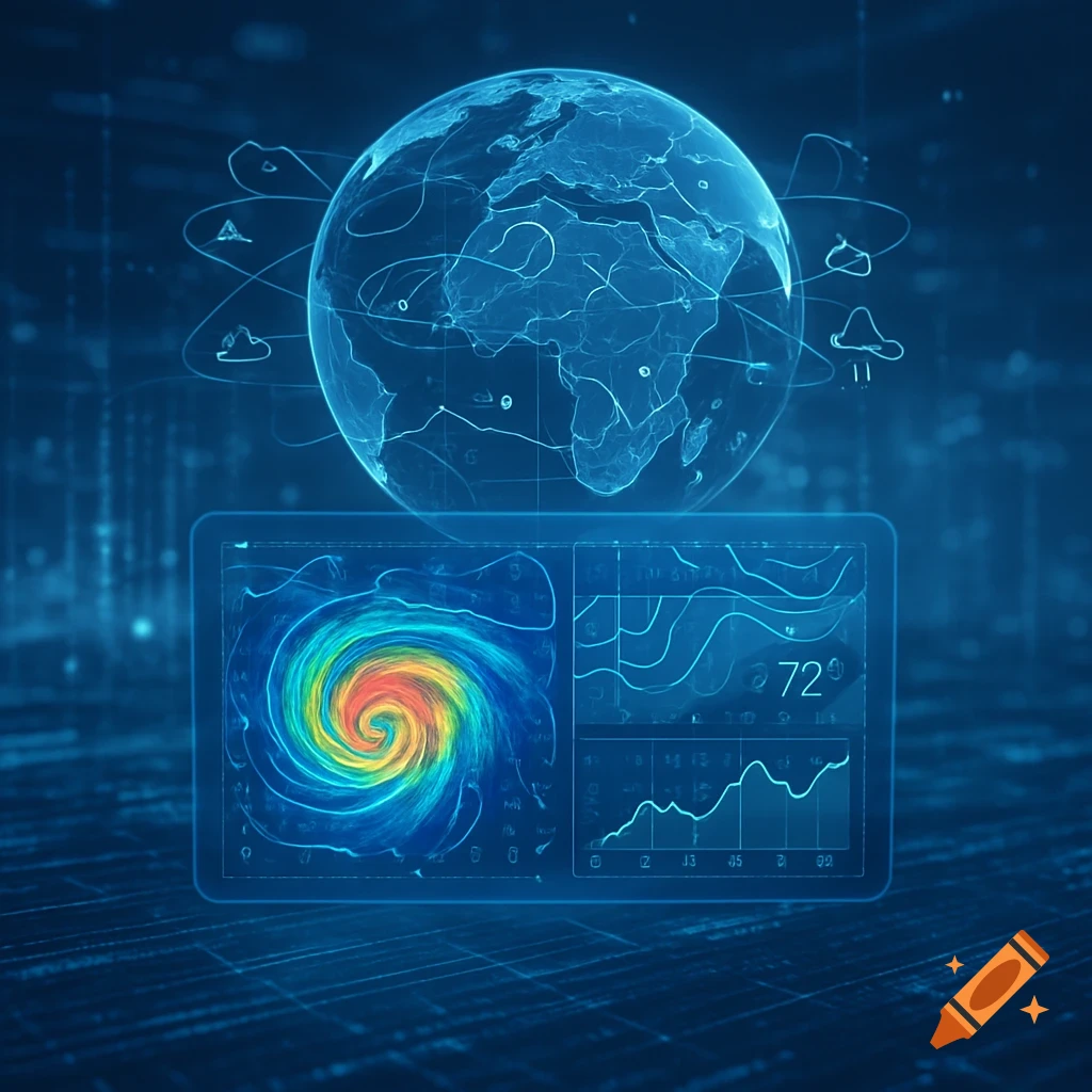 Holographic blue globe above a digital interface displaying weather data, including a hurricane graphic and charts, in a futuristic style.