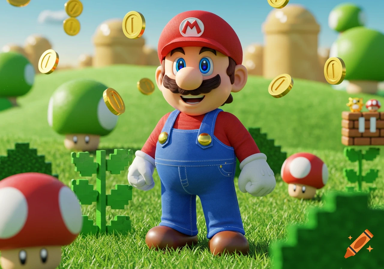 Photorealistic 3D render of Mario standing in a lush green field with floating gold coins and Super Mario world elements like mushrooms and blocks.