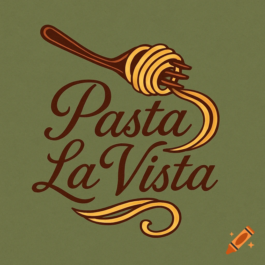 A vintage-style logo for 'Pasta La Vista' restaurant, featuring a fork with spaghetti over script text on a green background.