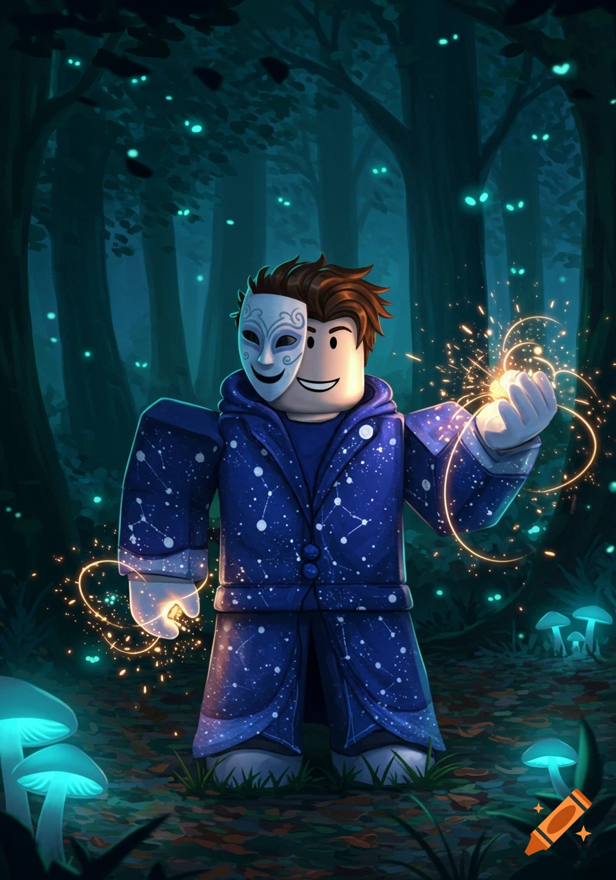 A Roblox magician in a blue constellation robe and half-mask conjures glowing magic in a dark, enchanted forest with luminous mushrooms.
