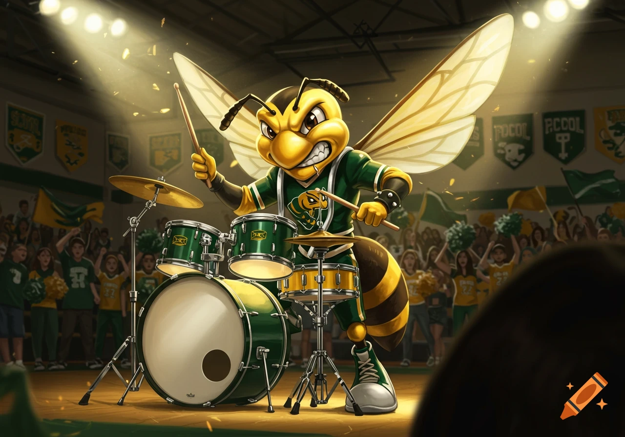 A cartoon hornet mascot in a green uniform plays drums on a brightly lit stage in a school gym, with a cheering crowd.
