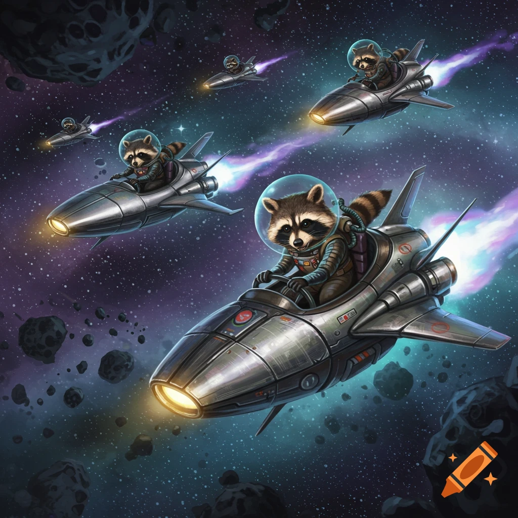 An illustrative scene of a squad of raccoons piloting sleek spaceships through a vibrant, star-filled cosmos with scattered asteroids.