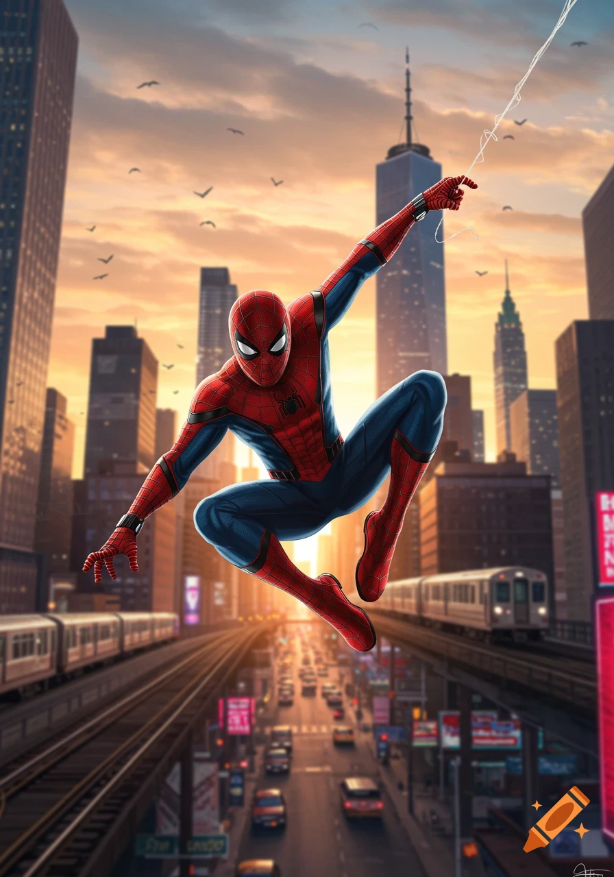 Spider-Man in his classic red and blue suit swings through a vibrant city at sunset, above elevated train tracks and busy streets.