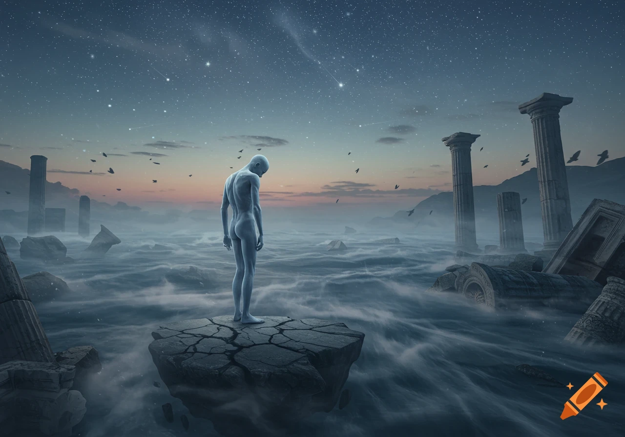 A pale, stoic figure stands on a cracked rock in stormy waters amidst ancient ruins under a starry night sky.
