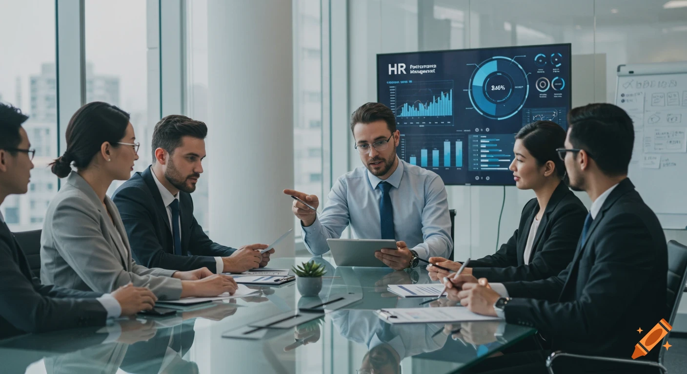 Diverse business professionals discuss in a modern conference room with a data dashboard screen.