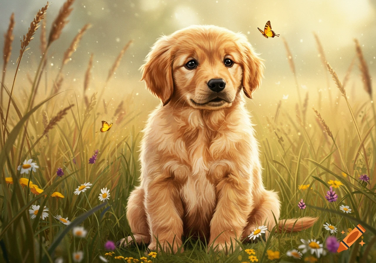A cute golden retriever puppy sits in a sunny field with wildflowers and butterflies in an illustrative style.
