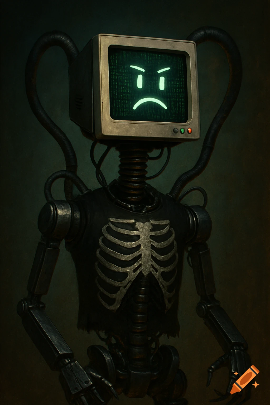 A distressed robotic figure with a retro monitor head displaying a sad pixelated face, wearing a t-shirt with a ribcage design, in a dark, stylized setting.