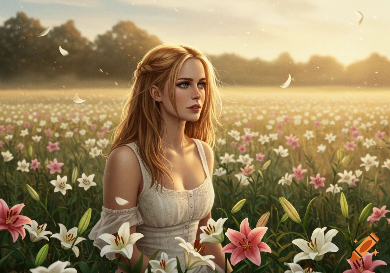 A beautiful woman with long blonde hair in a white dress stands in a field of pink and white lilies at sunset.