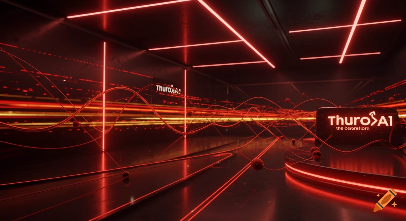 Cinematic view of a dark, high-tech room with glowing red neon lines, wavy data streams, and a bright 'ThuroAI' logo.