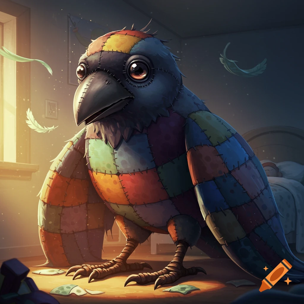 A giant, melancholic patchwork crow made of colorful fabric squares stands in a dimly lit bedroom with light streaming from a window.