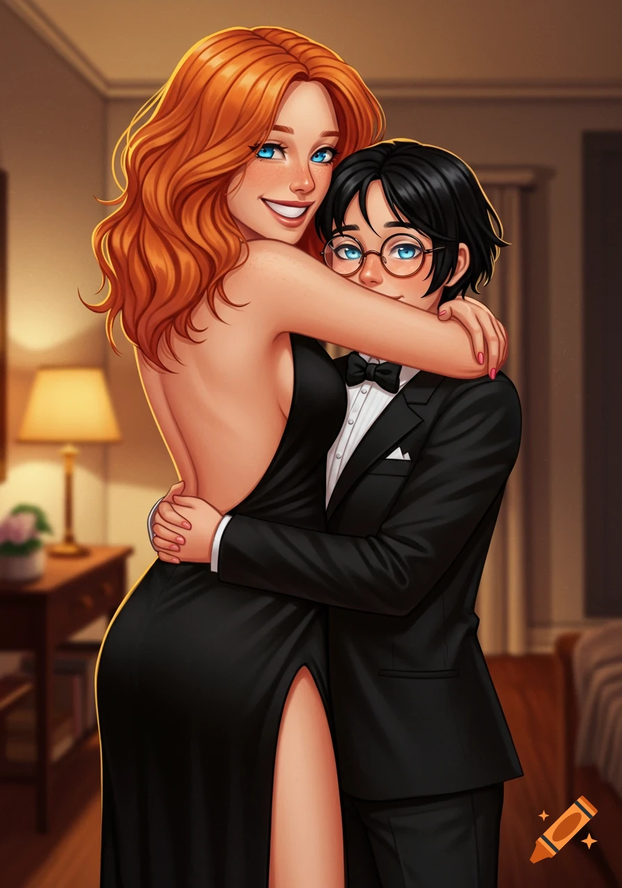 Digital illustration of a smiling redhead woman in a backless black dress embracing a shorter person in a tuxedo.