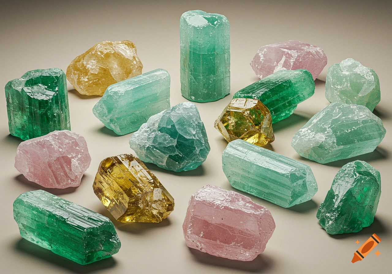 A close-up photograph of various raw beryl crystals in different colors, including green, pink, yellow, and light blue.