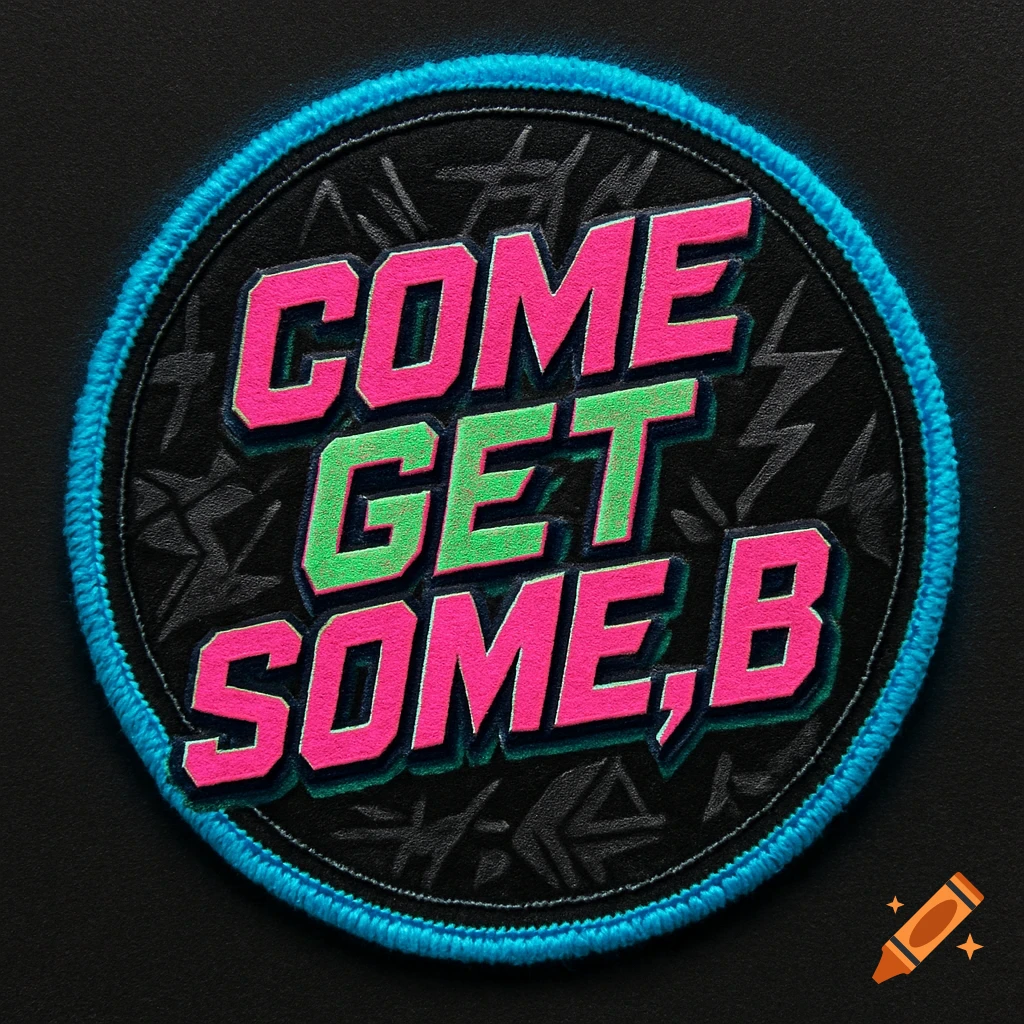 A circular black patch with a neon blue stitched border, featuring the bold text 'COME GET SOME, B' in pink and green.