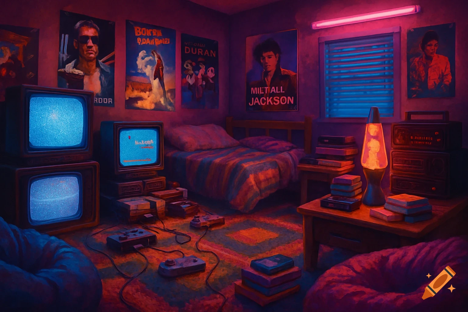 A vibrant, neon-lit 80s-themed bedroom with two CRT TVs, retro game consoles on the floor, a striped bed, posters on the wall, and a lava lamp on a side table.