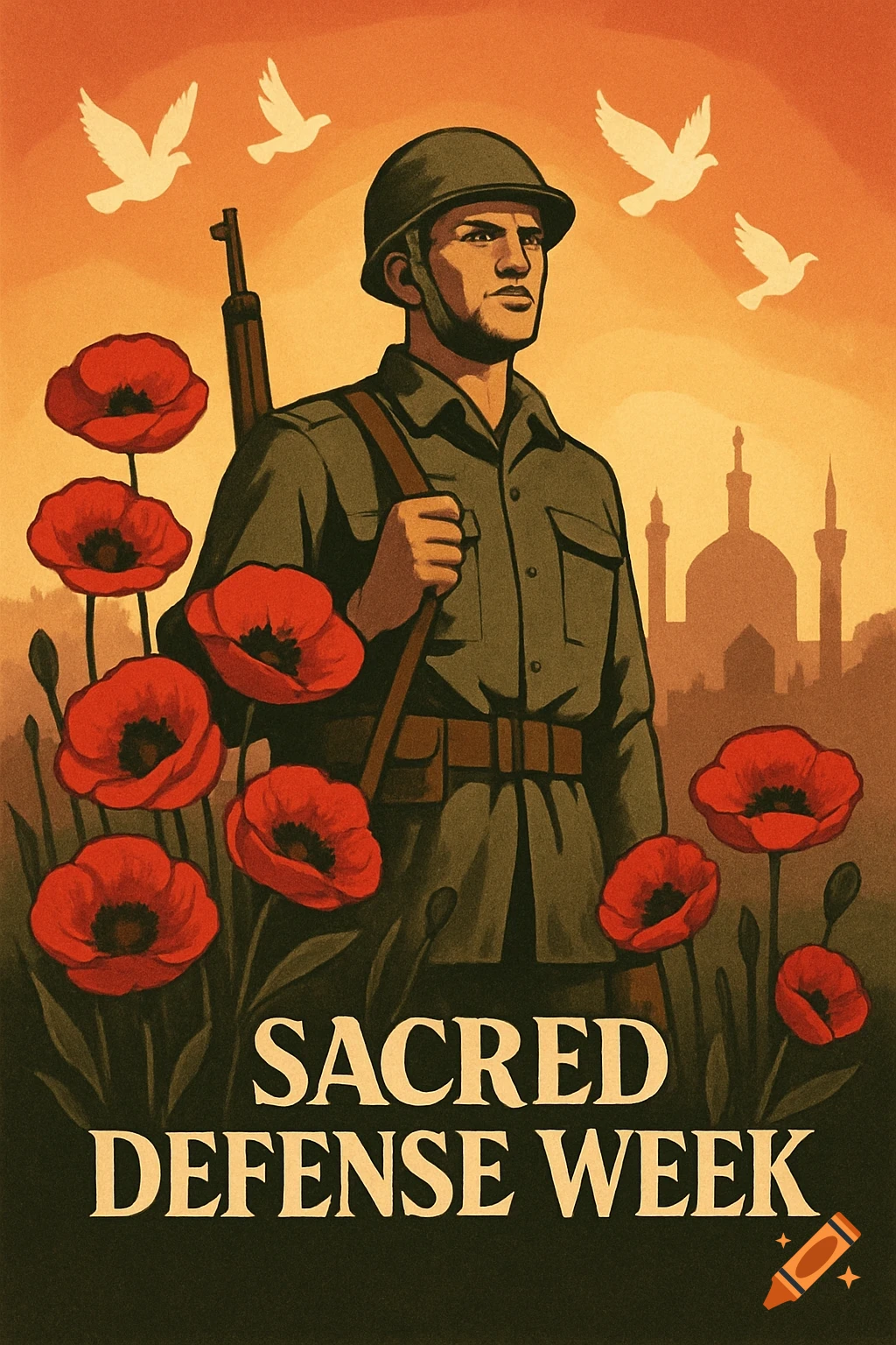 Vintage poster of a soldier with a rifle, surrounded by red poppies and doves, with a mosque in the background. Text: Sacred Defense Week.