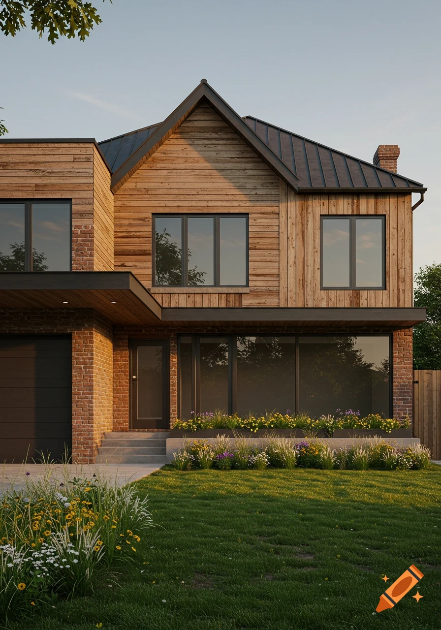 Photorealistic modern house with wood siding, brick, large windows, and a landscaped front yard with flowers and grass.