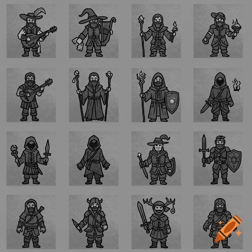 A grid of 16 minimalistic black and white fantasy RPG character icons, including bards, wizards, rogues, and fighters.