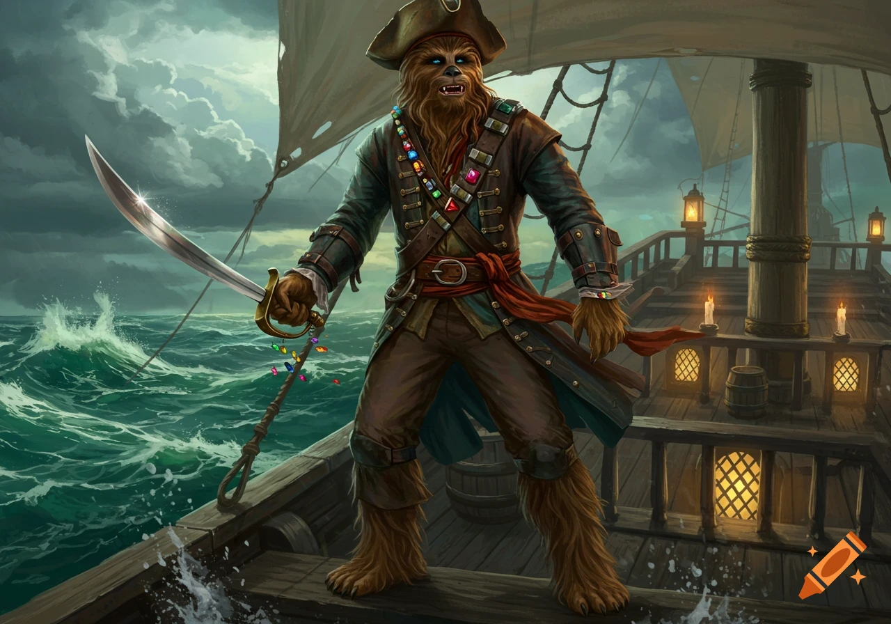 A Wookiee pirate in a coat and hat stands on a ship deck, holding a sword on a stormy sea. Detailed fantasy art.
