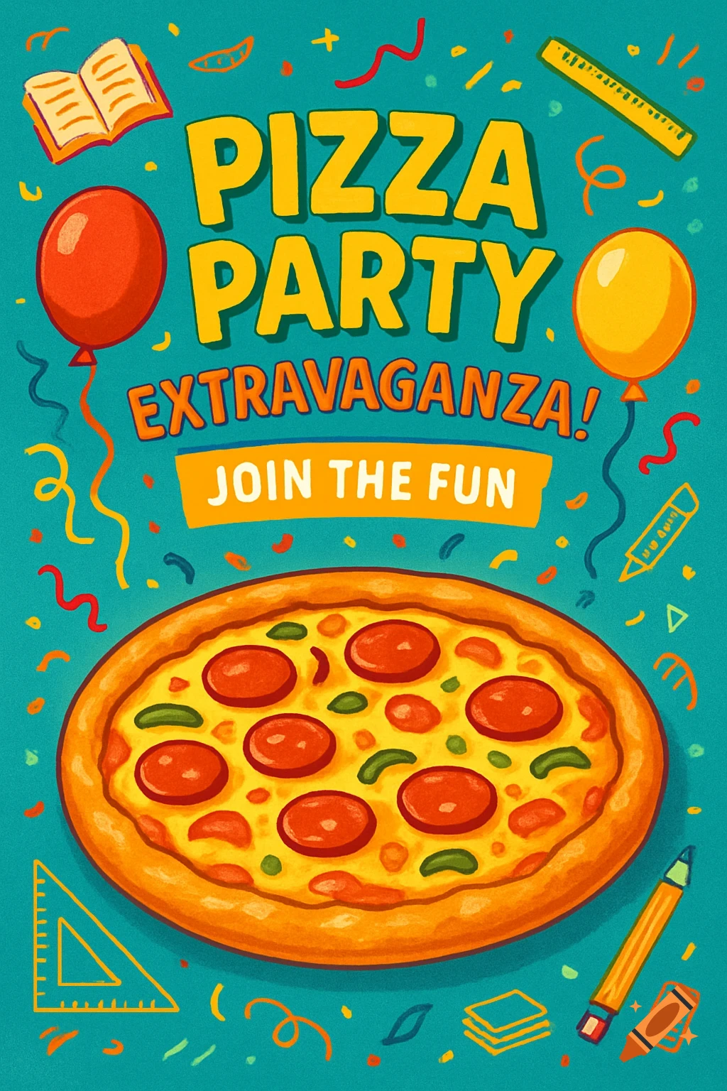 Colorful illustrated poster for a pizza party with a pepperoni pizza, balloons, confetti, and school supplies. Text reads: 'PIZZA PARTY EXTRAVAGANZA! JOIN THE FUN'.