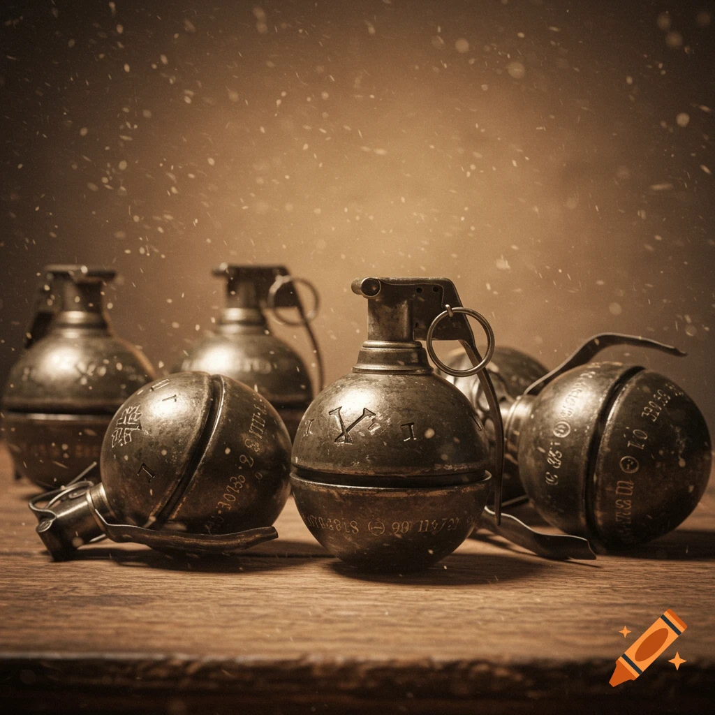 Several vintage hand grenades rest on a wooden surface, illuminated by a warm light with floating dust particles, in a sepia-toned, photorealistic style.
