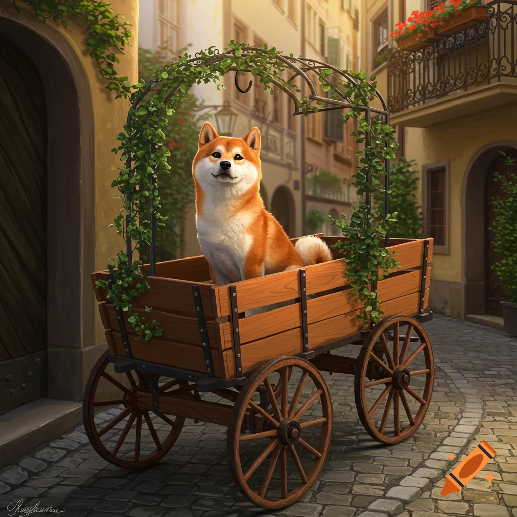 A smiling Shiba Inu sits in a wooden wagon with an arched vine canopy on a cobblestone street in a charming European town.