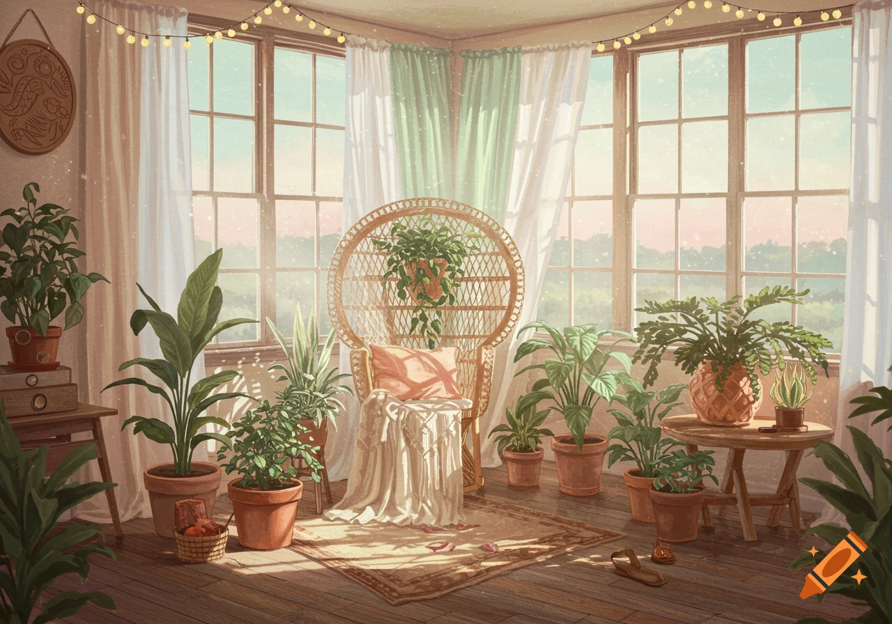 A sunlit room filled with various potted green plants, a peacock chair, a rug, and string lights, creating a cozy aesthetic.