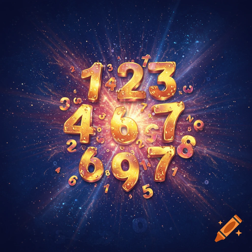 Golden, sparkly numbers 1-9 burst from a luminous center on a dark blue background, surrounded by smaller, chaotic numbers and light rays.