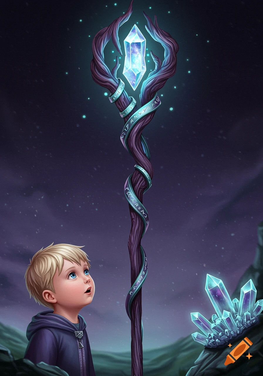 A young blond boy gazes up at a tall, glowing magical staff made of twisted purple wood with an ethereal blue crystal at its top.