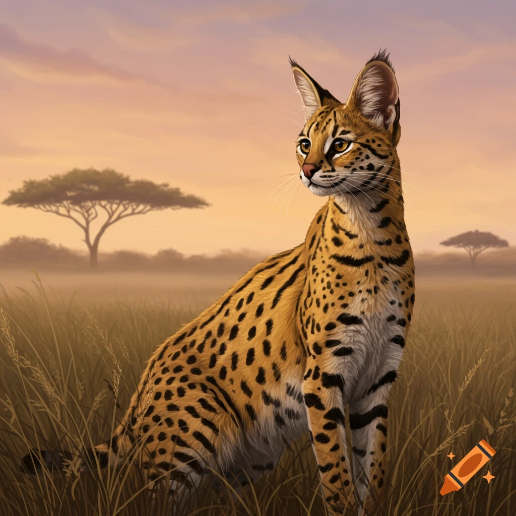 A serval cat with spotted fur sits in tall dry grass in a savannah at sunset, looking to the right.