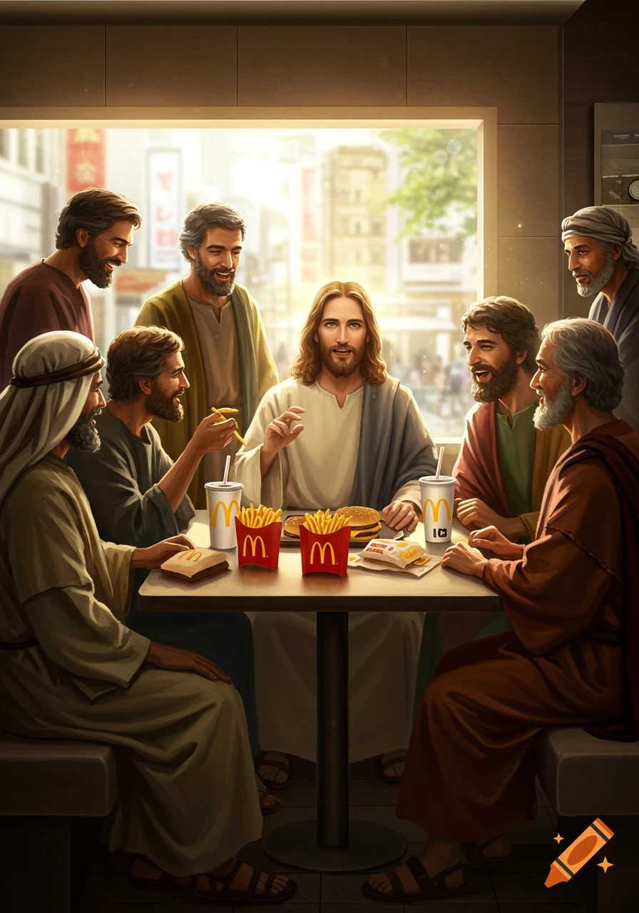 Jesus and his disciples sitting at a table in a modern McDonald's restaurant, eating burgers and fries.