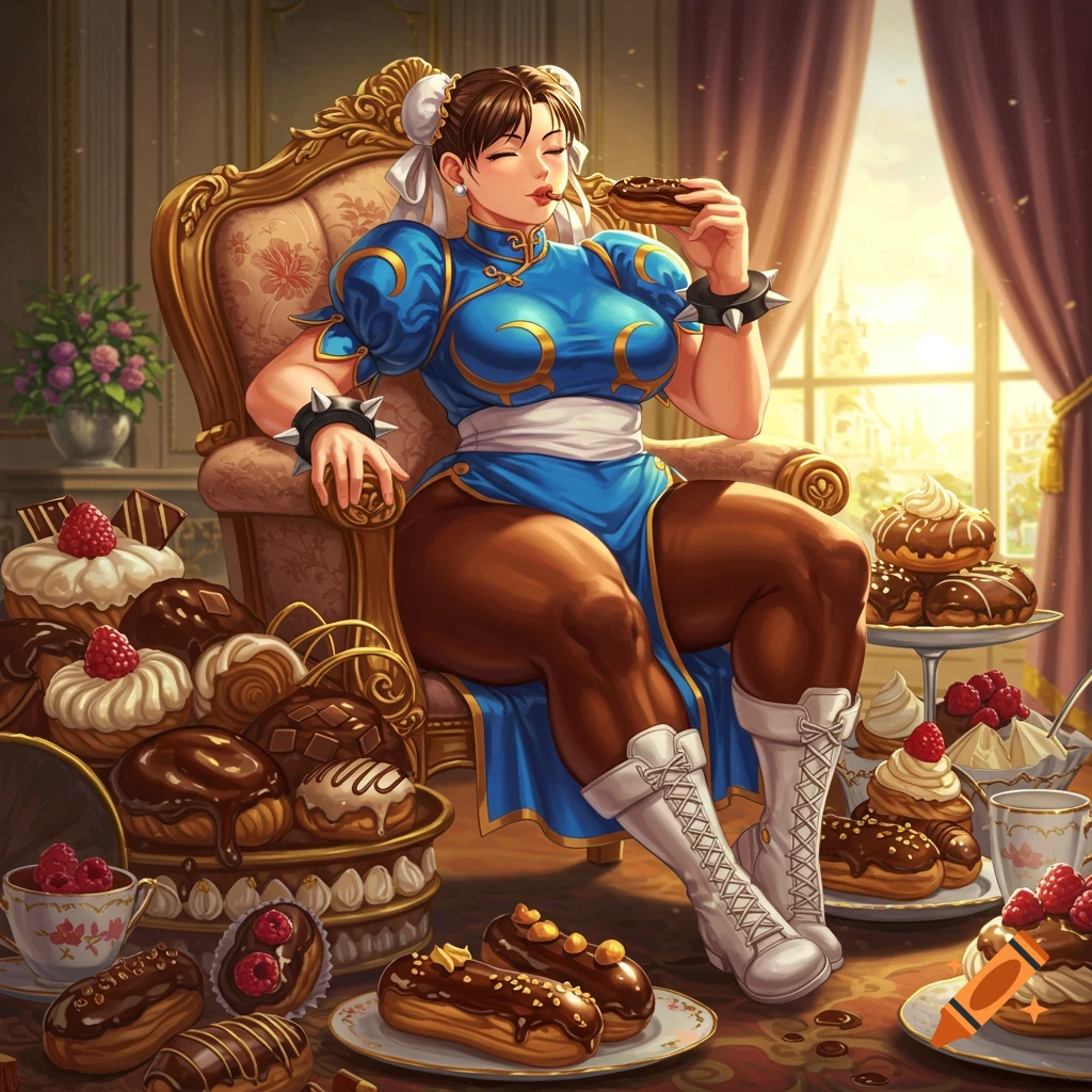 Chun-Li in a blue qipao sits on a golden armchair, eating a donut surrounded by numerous pastries in a richly decorated room.