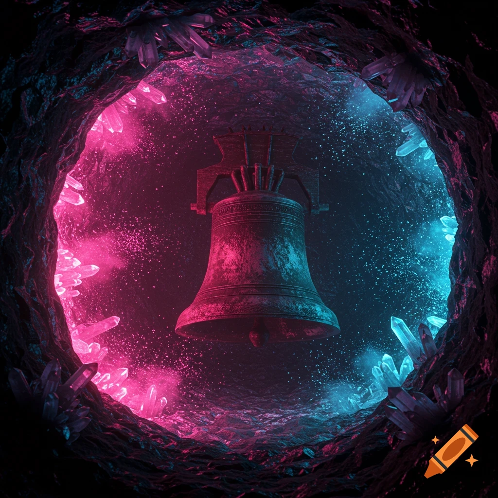 Photorealistic image of an old, rusted church bell suspended in a dark cave, surrounded by glowing pink and blue crystals and sparkling dust.