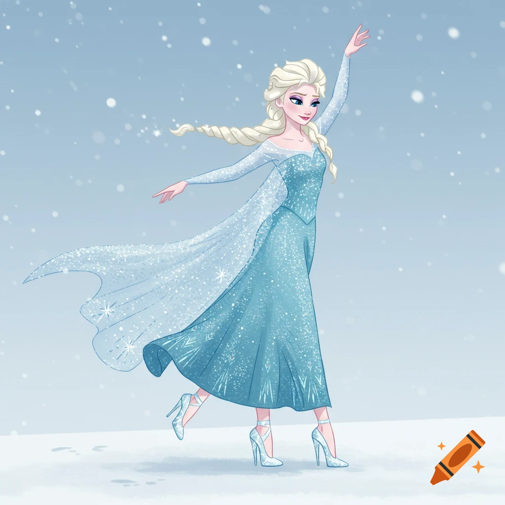 Cartoon Elsa in a sparkling blue dress dances ballet on a snowy field, snowflakes falling around her.